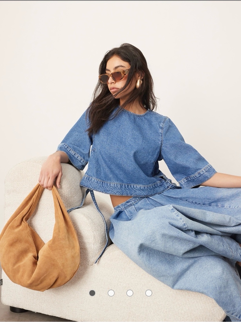 ARRANGE denim crop tab detail top in light wash blue size 6